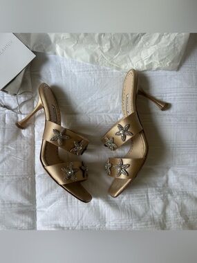 Manolo Blahnik satin jeweled mules